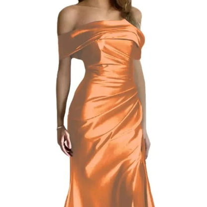 Off-shoulder satin mermaid formal dress in orange, off-shoulder neckline and long skirt