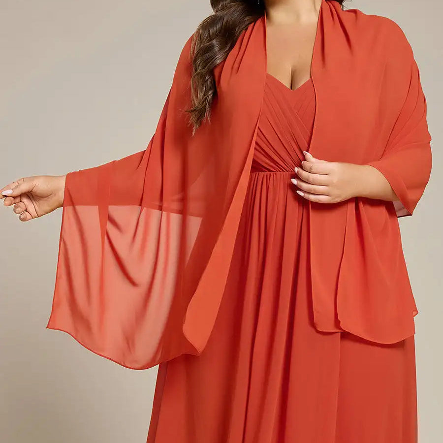 Chiffon shoulder wrap evening shawl in burnt orange, draped open-front design