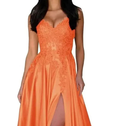 Satin A-line evening dress with lace V-neck and spaghetti straps, front slit, orange