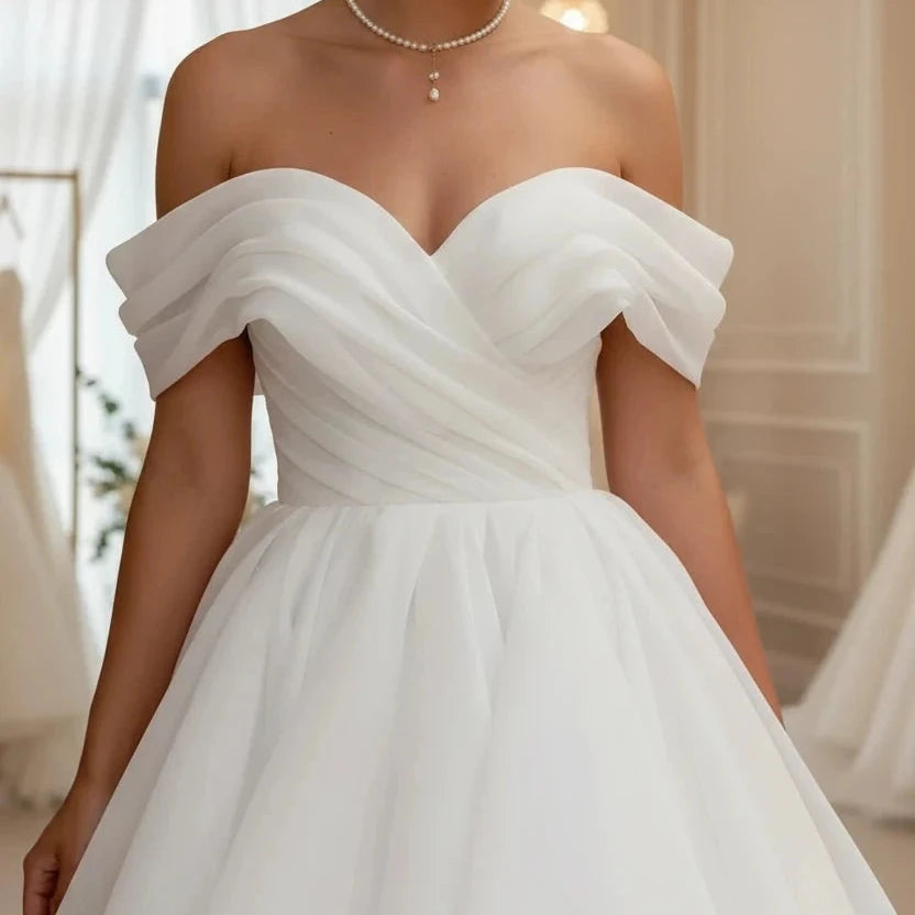 White off-shoulder corset bridal bodice with ruffled sweetheart neckline