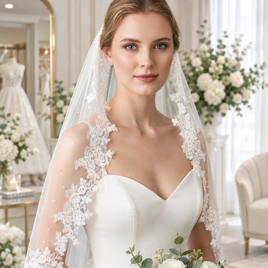 Cathedral wedding veil with elbow lace trim and beaded sheer tulle