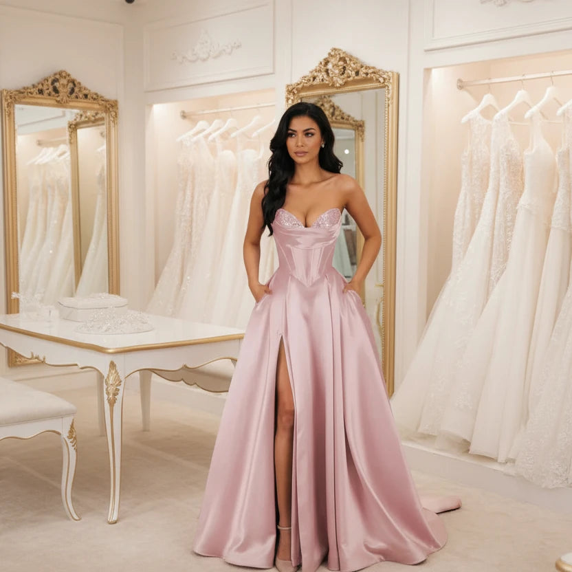 Champagne strapless A-line satin dress with sequin bust and thigh-high slit
