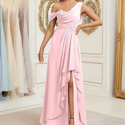 Pink chiffon one-shoulder A-line dress with jeweled drape bodice and cascading ruffle skirt
