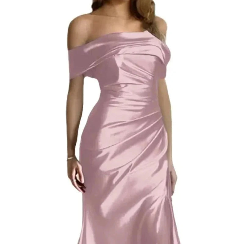 Dusty mauve off-shoulder satin mermaid formal dress with ruched bodice