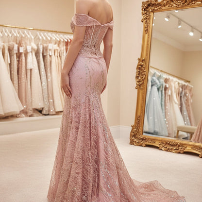 Pink off-shoulder sequin mermaid gown with flared skirt