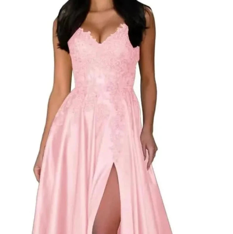 Blush satin evening dress with lace V-neck, spaghetti straps, A-line skirt, front slit