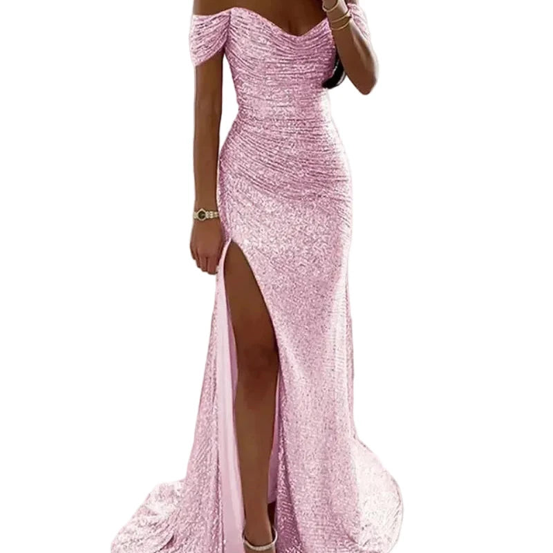 Off-shoulder sequin mermaid formal dress, sweetheart neckline, front slit; pale pink.