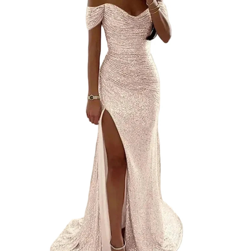 Off-shoulder sequin mermaid formal dress, sweetheart neckline, front slit; champagne.
