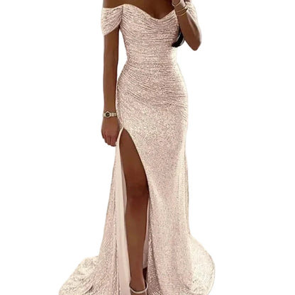 Off-shoulder sequin mermaid formal dress, sweetheart neckline, front slit; champagne.