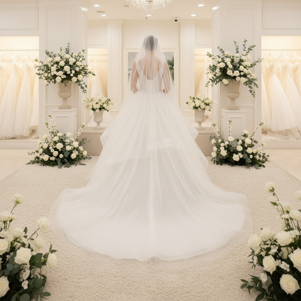 Cathedral bridal veil in white sheer tulle with plain cut edge, full veil view