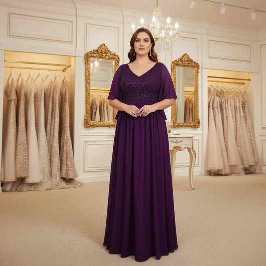 Purple chiffon evening dress with sequin V-neck bodice and pleated tiered skirt