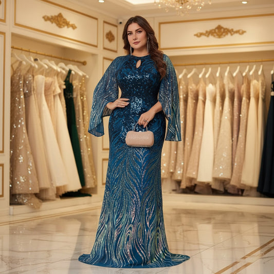 Blue sequin evening dress with long sleeves, keyhole neckline, and floor-length skirt