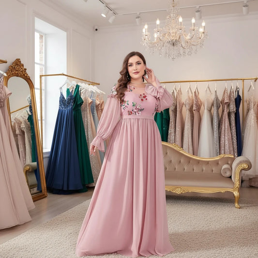 Pink chiffon evening dress with floral embroidery, ruffled sleeves, and pleated skirt