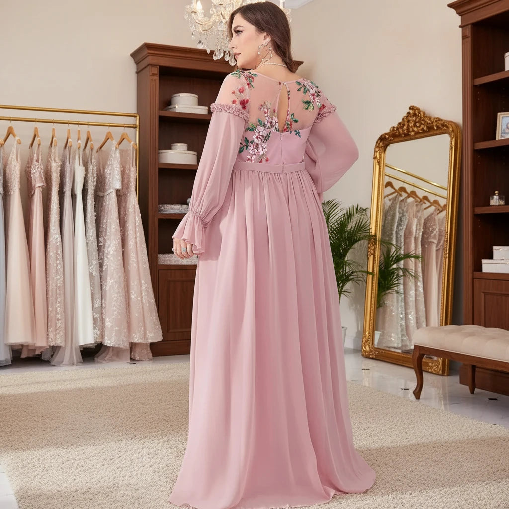 Pink chiffon evening dress with floral back embroidery, long puff sleeves, tiered skirt