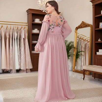 Pink chiffon evening dress with floral back embroidery, long puff sleeves, tiered skirt