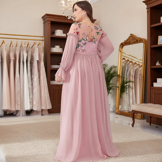 Pink chiffon evening dress with floral back embroidery, long puff sleeves, tiered skirt