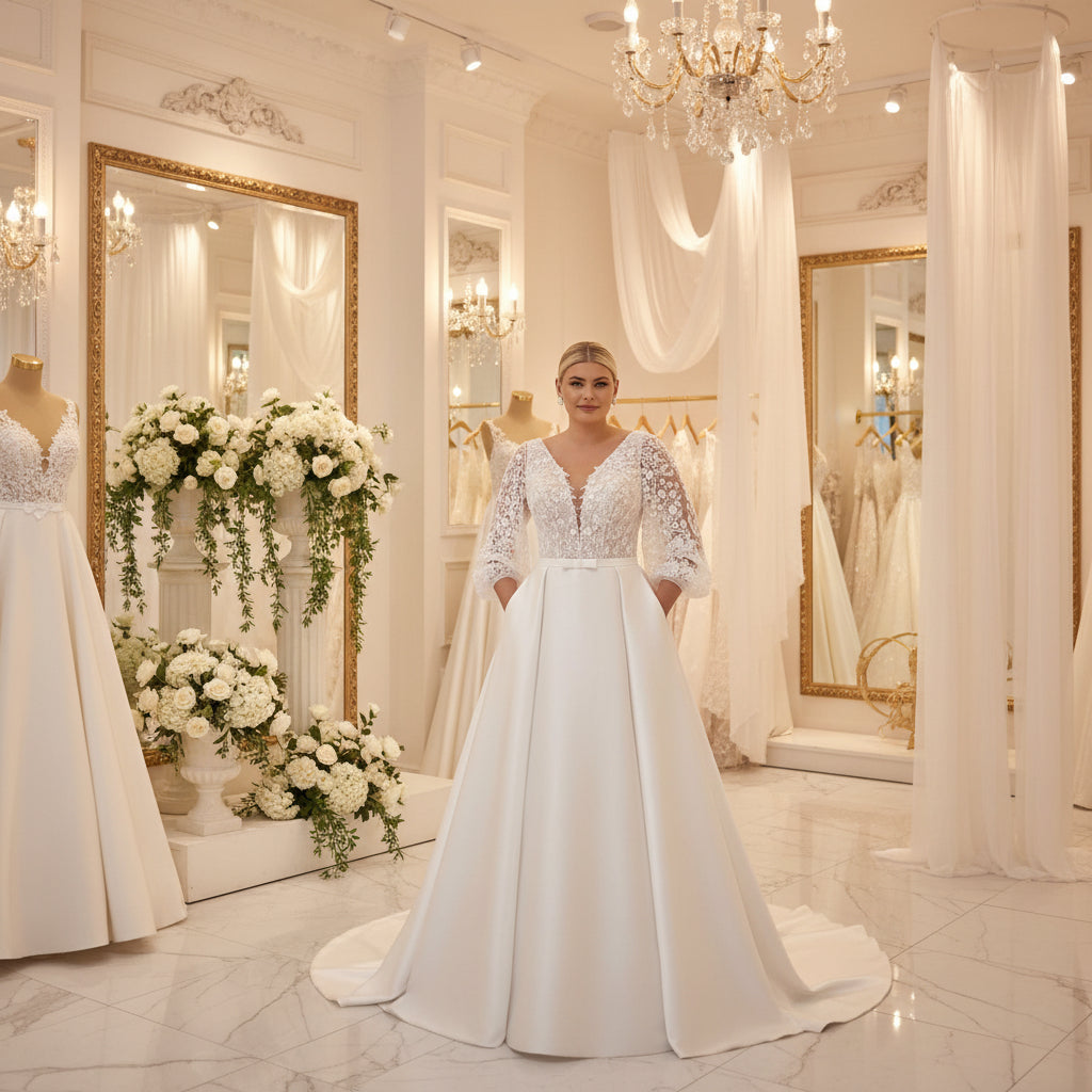 White satin A-line wedding dress with lace three-quarter sleeves, V-neck bodice, belted waist