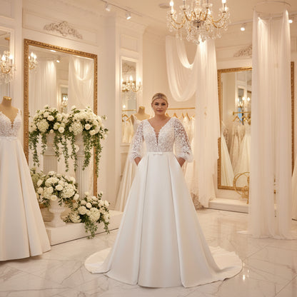 White satin A-line wedding dress with lace three-quarter sleeves, V-neck bodice, belted waist