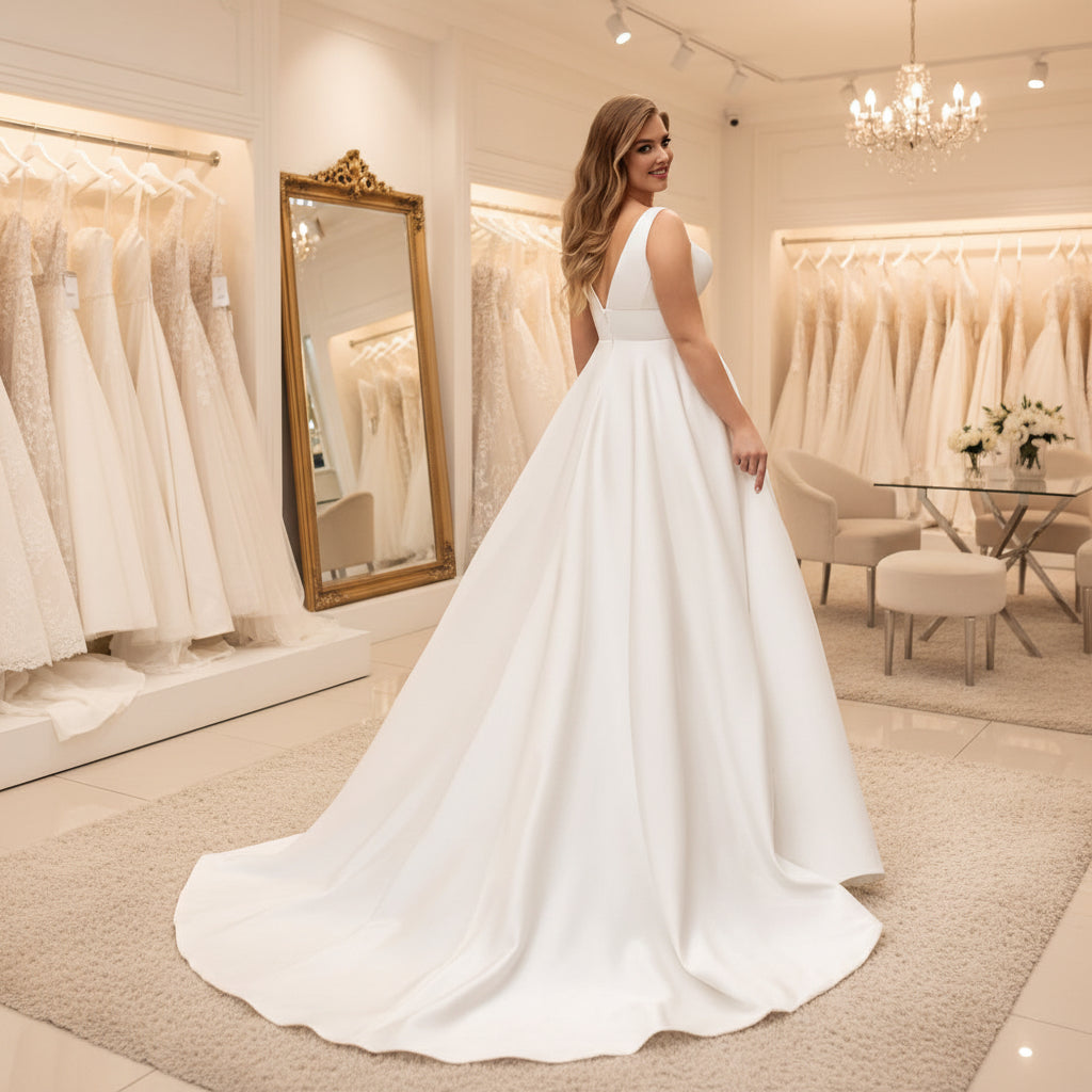 White satin sleeveless wedding dress with deep V neckline and flowing A-line skirt