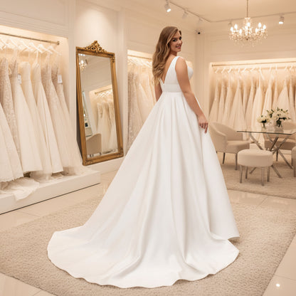 White satin sleeveless wedding dress with deep V neckline and flowing A-line skirt