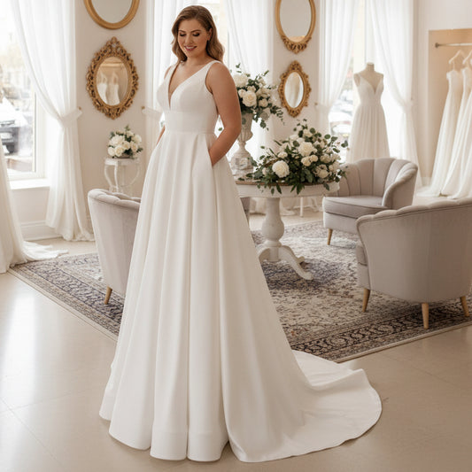 White satin sleeveless wedding dress with V-neck and fitted bodice, full A-line skirt