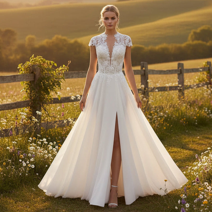 Ivory A-line wedding dress with lace V-neck bodice, short cap sleeves, front slit