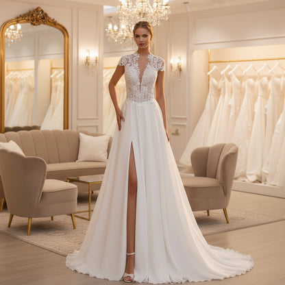 Ivory chiffon A-line wedding dress with lace overlay, V-neck and long flowing skirt
