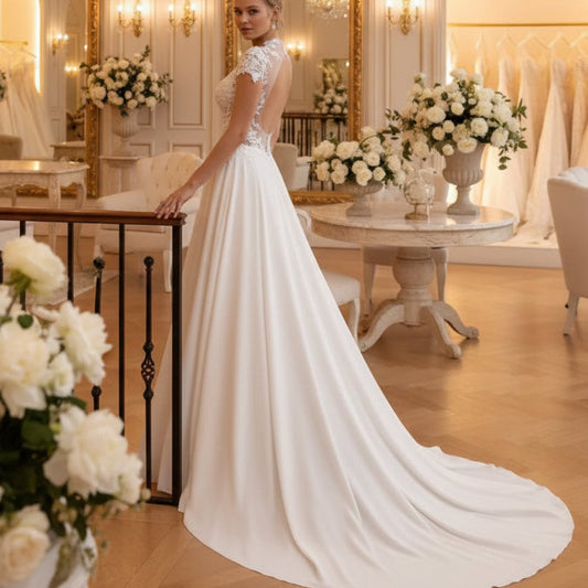 Ivory chiffon A-line wedding dress, back view with lace cap sleeves and flowing skirt