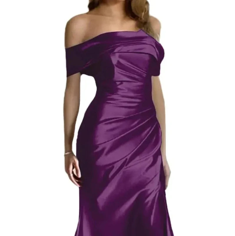 Off-shoulder satin mermaid formal dress in deep purple, draped off-shoulder neckline