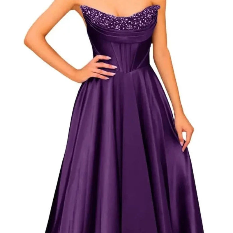 Purple strapless satin A-line evening gown with glittery beaded neckline