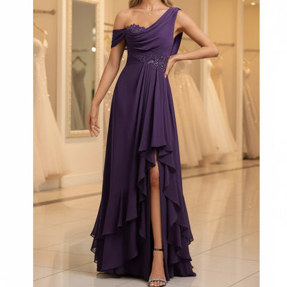 Purple one-shoulder chiffon A-line dress with embellished bodice and draped skirt overlay