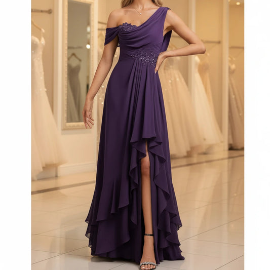 Purple one-shoulder chiffon A-line dress with embellished bodice and draped skirt overlay