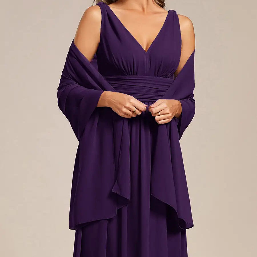 Chiffon shoulder wrap evening shawl in orchid purple, draped open-front design