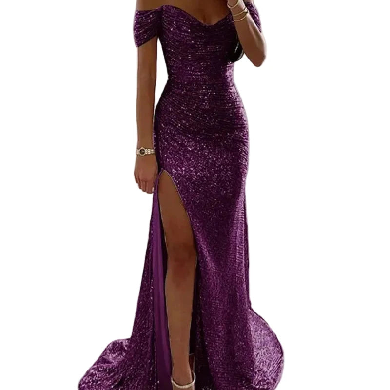 Off-shoulder sequin mermaid formal dress, sweetheart neckline, front slit; plum purple.