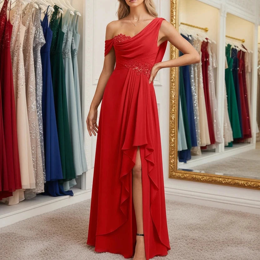 Red chiffon one-shoulder A-line dress with beaded waist detail and layered side ruffle slit