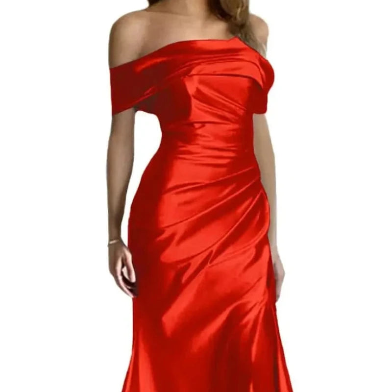 Off-shoulder satin mermaid formal dress in red, fitted silhouette with flared bottom