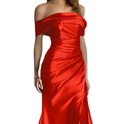 Off-shoulder satin mermaid formal dress in red, fitted silhouette with flared bottom