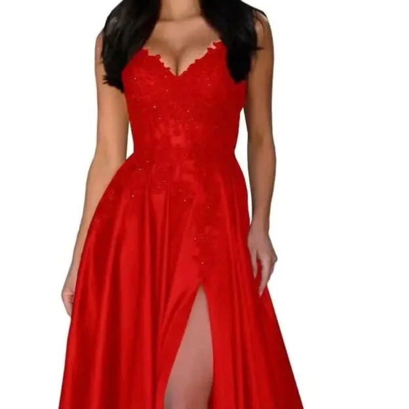 Satin A-line evening dress with lace V-neck and spaghetti straps, front slit, red