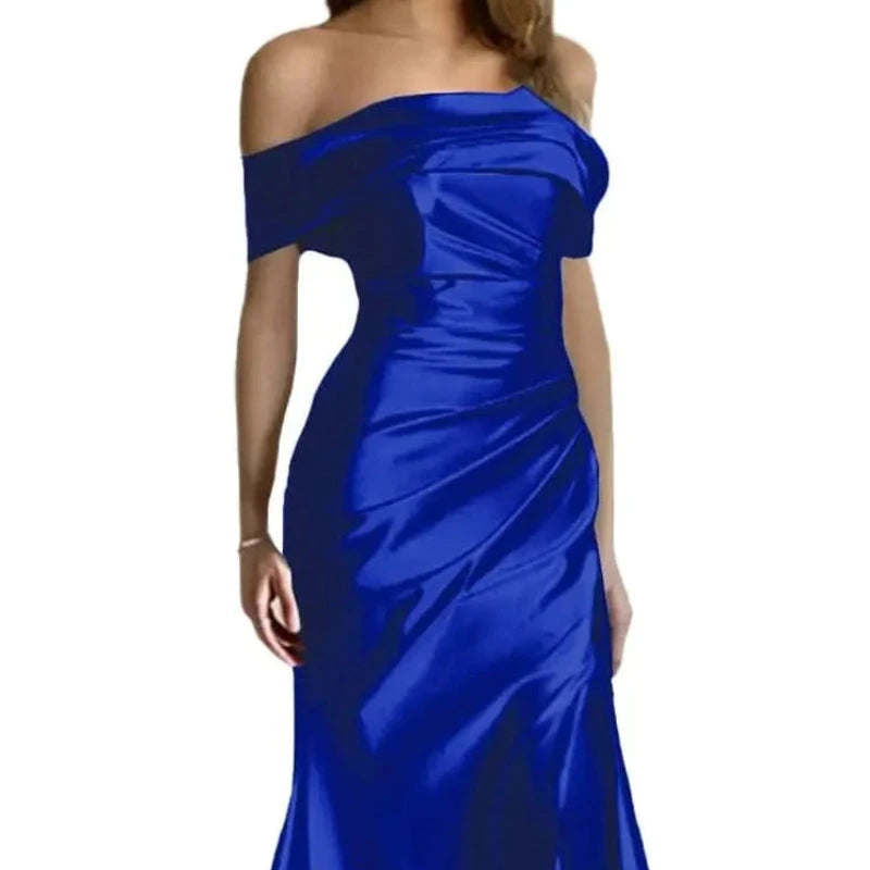 Royal blue off-shoulder satin mermaid formal dress with ruched bodice