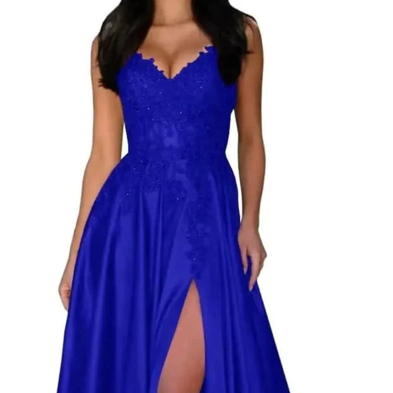 Satin A-line evening dress with lace V-neck and spaghetti straps, front slit, blue