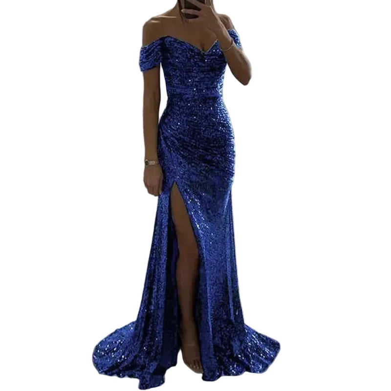 Off-shoulder sequin mermaid formal dress, sweetheart neckline, front slit; royal blue.