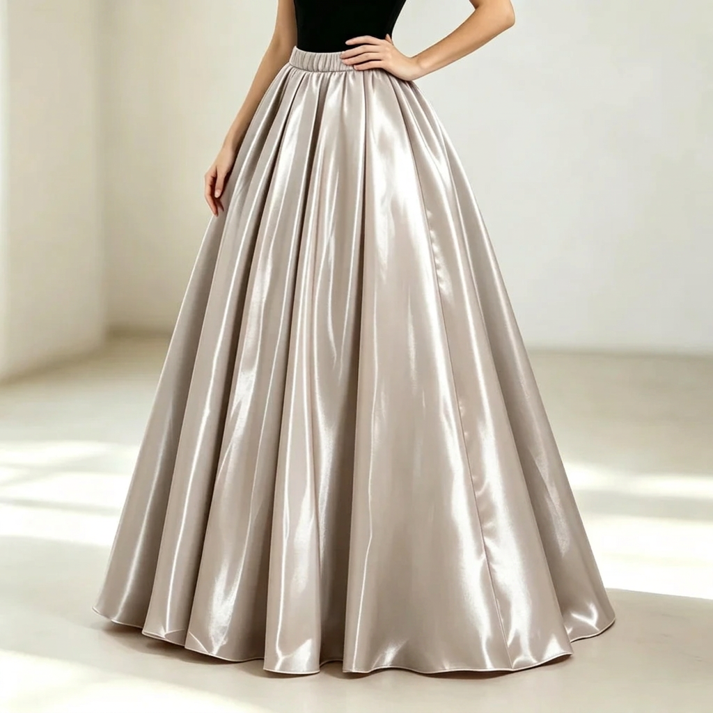 Ivory glossy satin maxi skirt with elastic waistband and gathered pleats