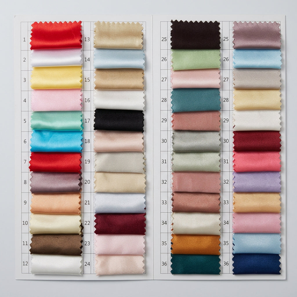 Satin fabric color swatches in multiple shades, with numbered strips