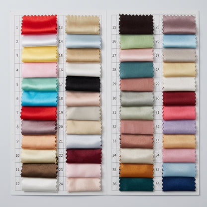Satin fabric color swatches in multiple shades, with numbered strips