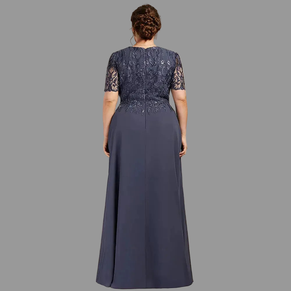 Navy lace A-line dress with short sleeves and long chiffon skirt