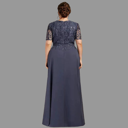 Navy lace A-line dress with short sleeves and long chiffon skirt