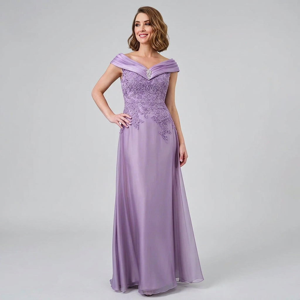 Lilac off-shoulder satin gown with embroidered bodice and flowing pleated skirt