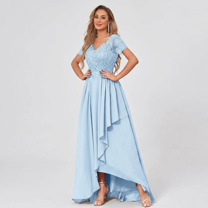 Light blue V-neck lace chiffon high-low dress with short sleeves and draped asymmetrical hem