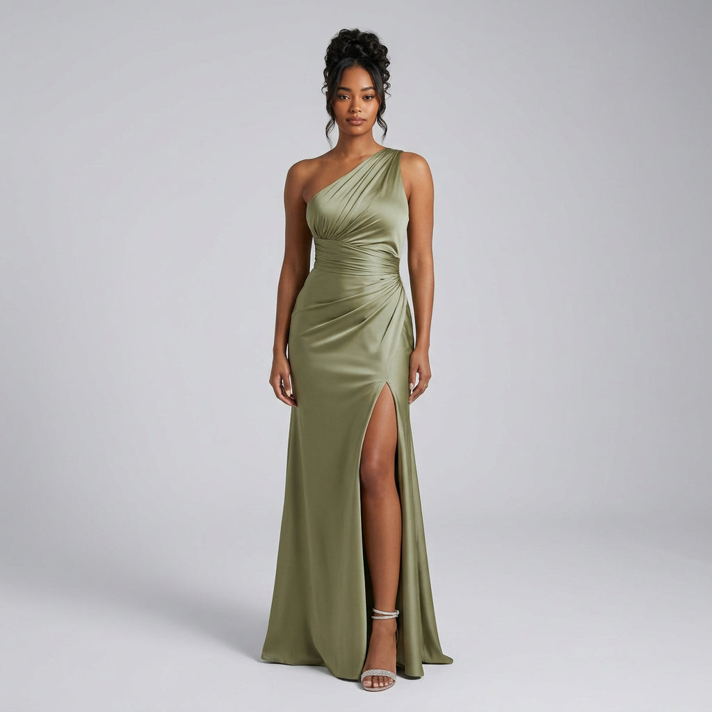 Sage green satin bridesmaid dress with ruched one-shoulder bodice and front slit