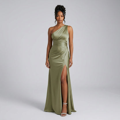 Sage green satin bridesmaid dress with ruched one-shoulder bodice and front slit